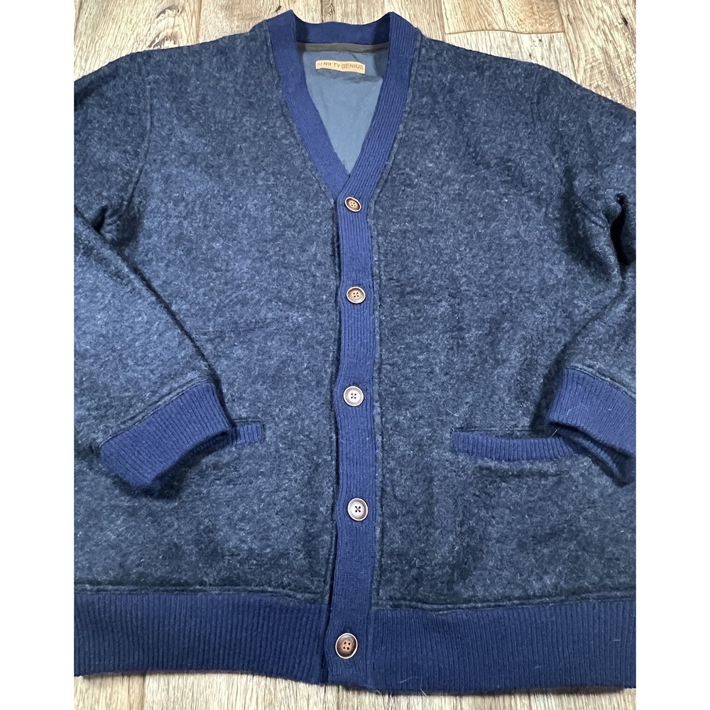 Nifty Genius Cardigan Mens XL Navy Blue Polyester Wool Blend - Picture 3 of 5
